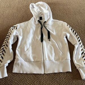 Style Reform Women’s White Zip Up Arrow & Stripe Hoodie Sweatshirt